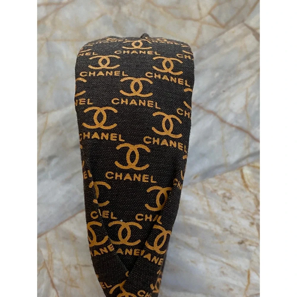 Brown Canvas Logo Print Knotted Headband Gold Tone Motif Accessory
